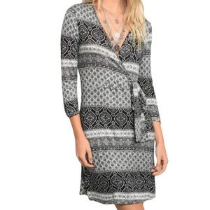 Black White Gray Multicolored Tribal Print V-neck Jersey Surplice Wrap Dress